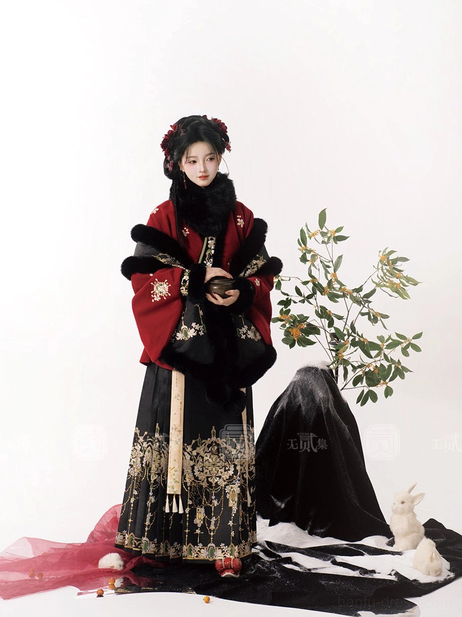 Ming Dynasty Chinese New Year Hanfu dress set with deep red cross-collar jacket, black mamian skirt, gold floral embroidery, fur trim, and traditional hair ornaments