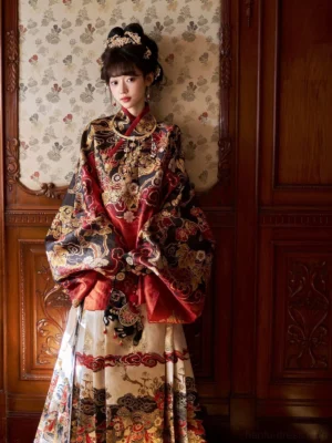 Front view of Ming dynasty inspired Chinese New Year dress full Hanfu set with wide sleeves embroidered red top cloud collar and ivory mamian skirt
