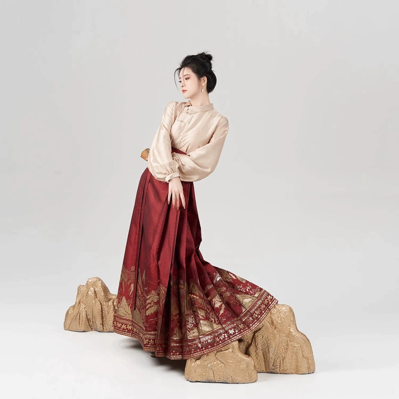 Ming Dynasty inspired Chinese New Year hanfu full set with apricot frog-button blouse and flowing wine-red mamian skirt