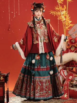Front view of Ming Dynasty inspired Chinese New Year Hanfu full set with wine red embroidered top, dark green mamian skirt, cloud collar, and festive red backdrop