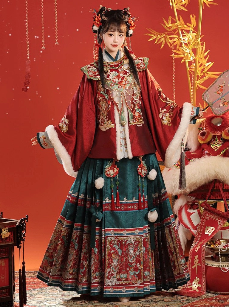 Front view of Ming Dynasty inspired Chinese New Year Hanfu full set with wine red embroidered top, dark green mamian skirt, cloud collar, and festive red backdrop