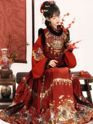Ming Dynasty Chinese New Year Hanfu full set in scarlet red with embroidered vest, black faux fur collar trim, flowing mamian skirt, and festive Chinese traditional studio decor