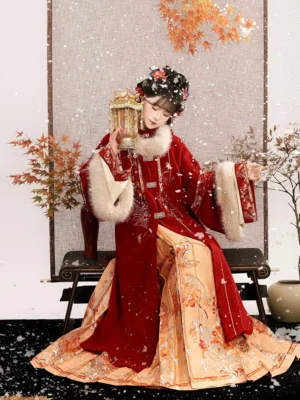 Ming Dynasty inspired Chinese New Year red Hanfu full set with embroidered mamian skirt in snowy studio scene