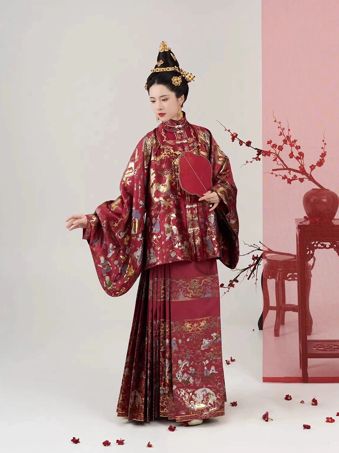 Ming Dynasty inspired Chinese wedding Hanfu outfit with red and gold brocade layered top and auspicious Mamian skirt