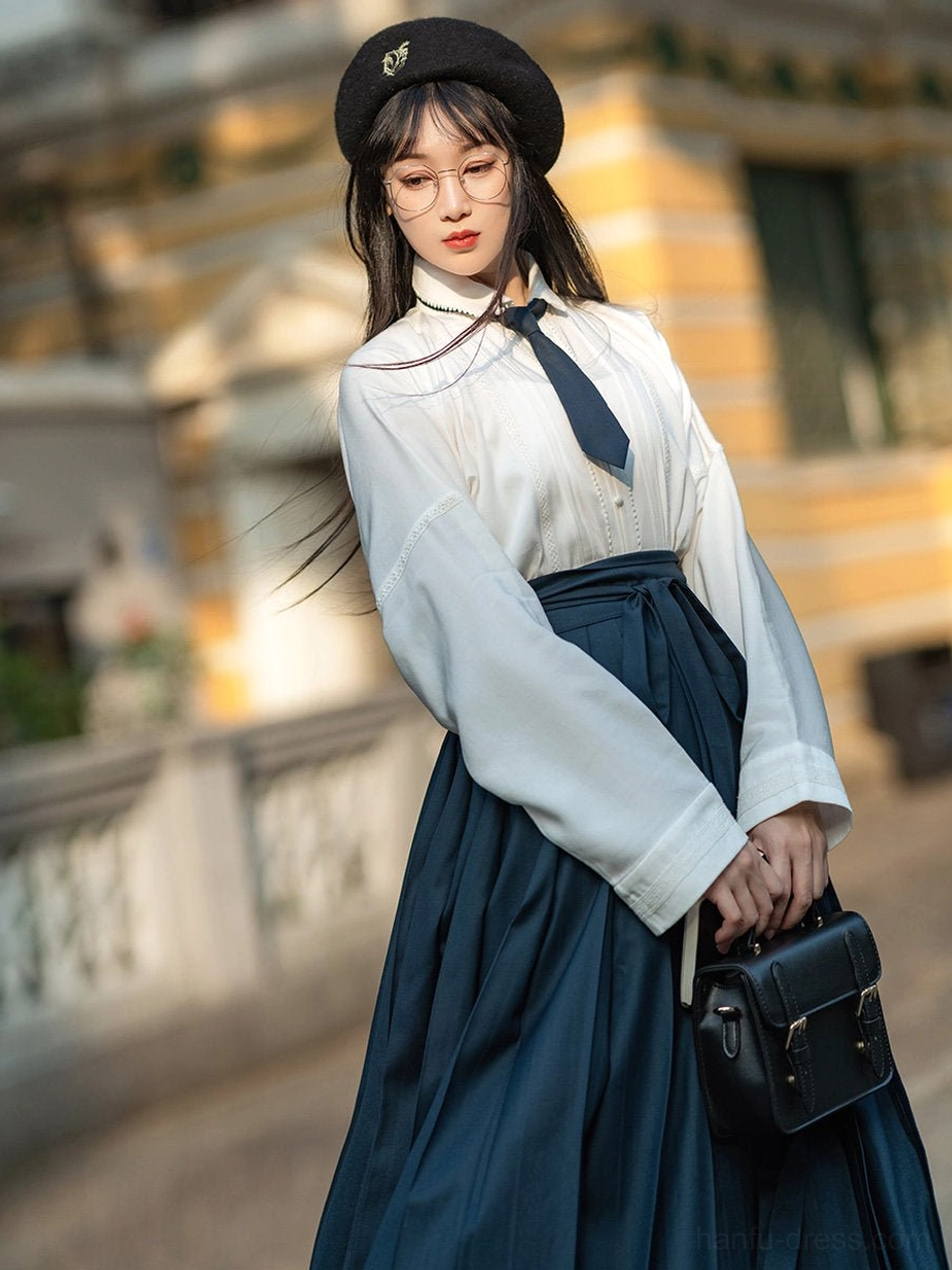 Ming Dynasty inspired cotton Tencel pintuck Hanfu shirt styled with navy high waisted pleated skirt in an academic streetwear outfit