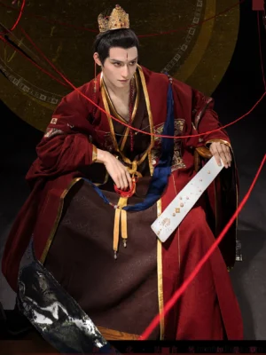 Ming Dynasty dragon Taoist robe and cloak hanfu for men worn in a seated studio portrait with ceremonial tablet
