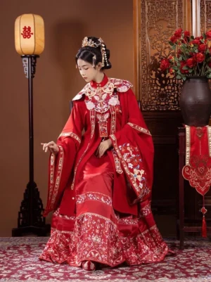 Three-quarter full-body view of a bride wearing a scarlet Ming Dynasty floral bridal Hanfu set with embroidered cloud collar and wide sleeves in a traditional Chinese wedding studio