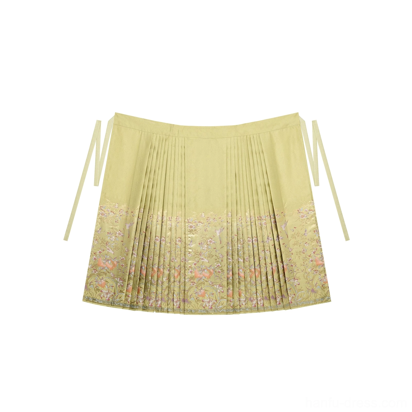 Golden green pleated Ming Dynasty mamian skirt with floral brocade hem and adjustable side waist ties flat lay