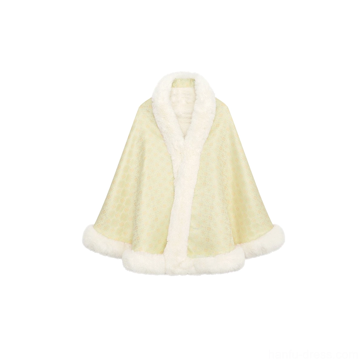 Apricot jacquard Ming Dynasty Hanfu shawl with wide white plush trim at collar and hem flat lay