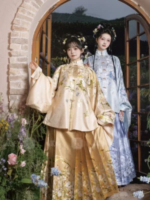 Ming Dynasty Hanfu set with apricot pipa sleeve top and golden embroidered mamianqun skirt worn by two women in a traditional garden window setting