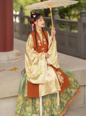 Woman in layered Ming Dynasty hanfu with bijia vest, flowing robe, and pleated skirt seated on a traditional stone terrace with an oil-paper parasol