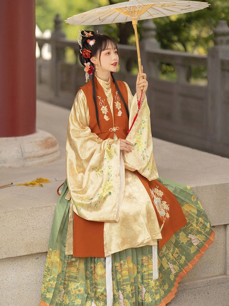 Woman in layered Ming Dynasty hanfu with bijia vest, flowing robe, and pleated skirt seated on a traditional stone terrace with an oil-paper parasol