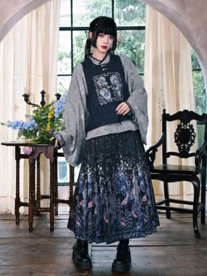 Full-body front view of a Ming Dynasty Hanfu bijia vest styled with grey sleeves and a black mamian skirt in a vintage Chinese-inspired studio
