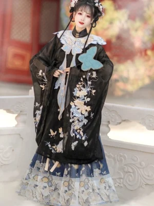 Black Ming Dynasty Hanfu full set with embroidered robe, decorative cloud collar and patterned mamian skirt shown in front of red Chinese architecture