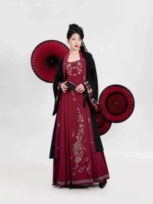 Full-length front view of a Ming Dynasty Hanfu outfit with a black embroidered overcoat and wine-red mamianqun dress