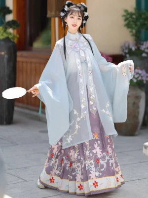 Ming Dynasty Hanfu full set with light cyan embroidered stand collar robe, purple floral mamian skirt, cloud collar, and decorative red hem in a traditional Chinese garden