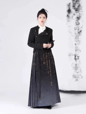 Full-length front view of a modern Ming Dynasty inspired Hanfu outfit with a cropped black stand-collar jacket and gold calligraphy mamian skirt