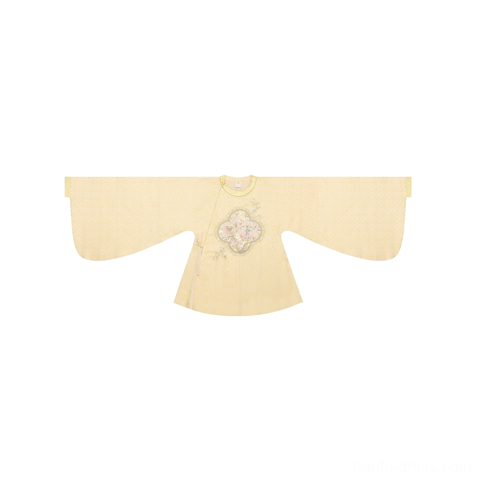 Champagne gold round collar long sleeve Ming Dynasty Hanfu blouse with floral embroidered chest medallion flat lay