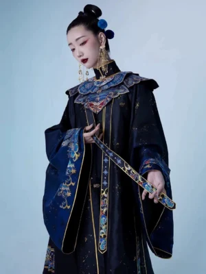 Ming Dynasty Hanfu outer robe with diancui-style blue and gold cloud collar shown in a front full-length studio view