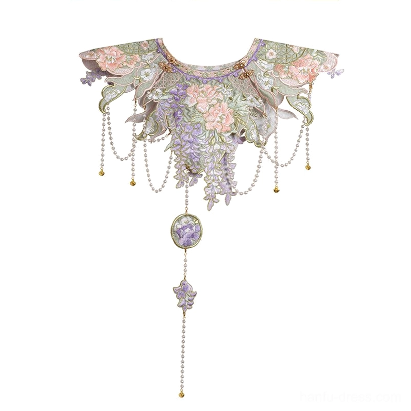 Traditional Chinese embroidered cloud collar accessory with wisteria peony flowers pearl jade pendants and decorative chains