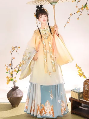 Front full-body view of a woman wearing a Ming Dynasty Hanfu embroidered robe and blue printed Mamian skirt with traditional Chinese hair ornaments and an oil paper umbrella