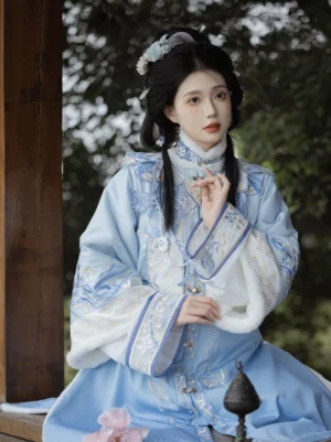 Close-up of Ming Dynasty Hanfu embroidered robe with stand collar front button closures detailed cuffs and white faux fur lining