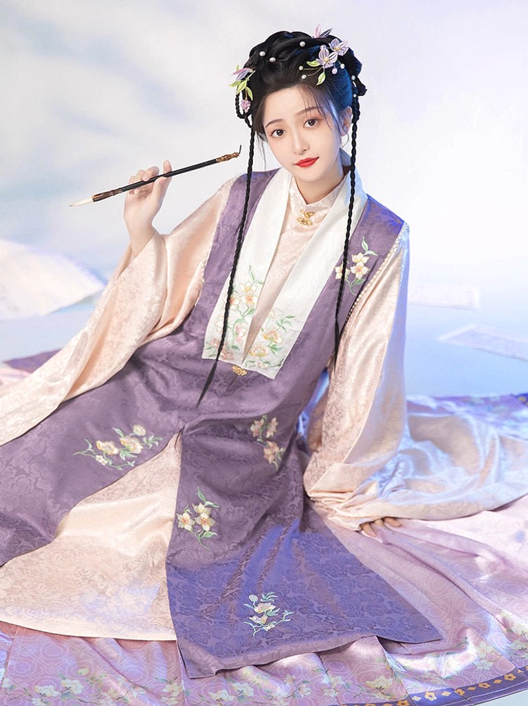 Ming Dynasty hanfu full set product styling featuring embroidered bijia vest inner robe and elegant traditional mamian skirt