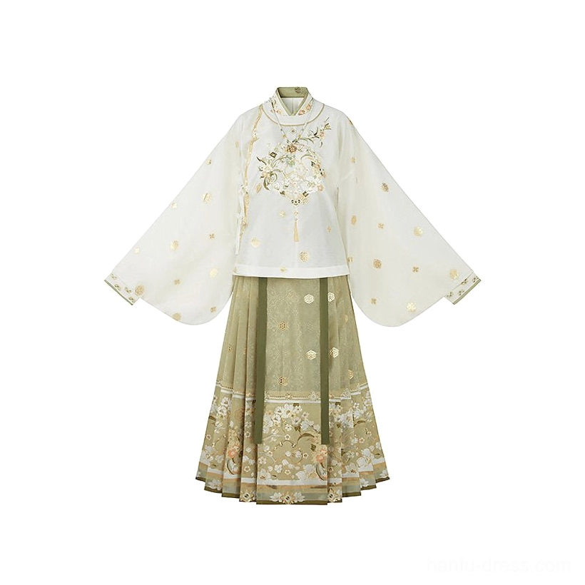 Flat lay of complete Ming Dynasty Hanfu set with ivory gilt dot top and sage green floral embroidered Mamian skirt