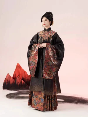 Front full-body view of a woman wearing a traditional Ming Dynasty Hanfu set with standing-collar robe, wide sleeves, patterned mamian skirt, and ancient Chinese hairstyle