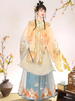 Ming Dynasty Hanfu full set shown from a front three-quarter angle with golden floral embroidery, cloud collar, patterned Mamian skirt, and silk fan