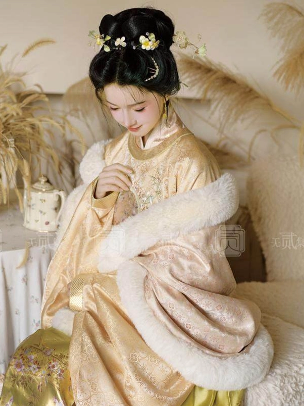Elegant Ming Dynasty Hanfu outfit with champagne gold mamian skirt and white plush trimmed shawl seated portrait