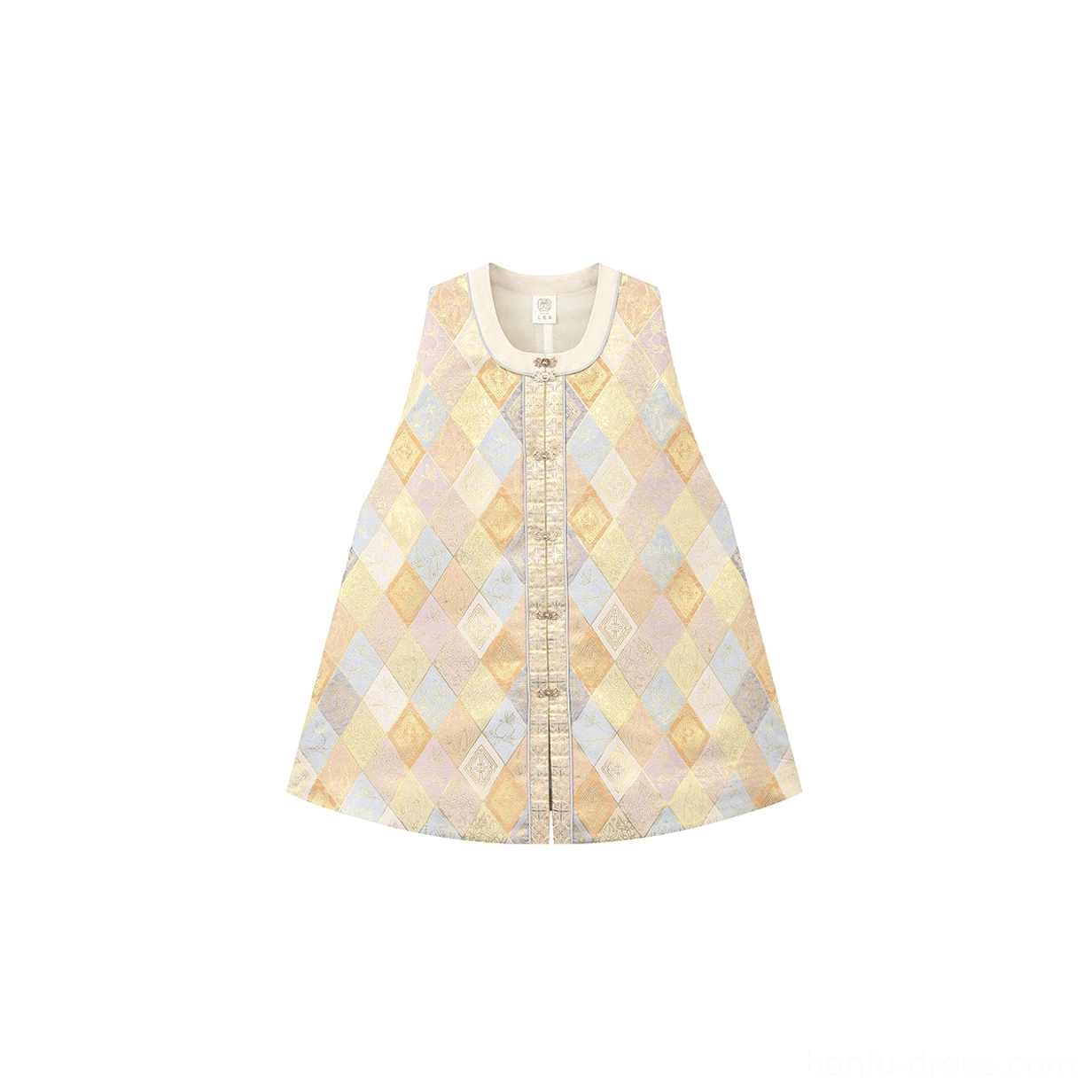 Pastel orange Ming Dynasty hanfu vest with rhombus jacquard pattern central buttons and contrasting neckline trim