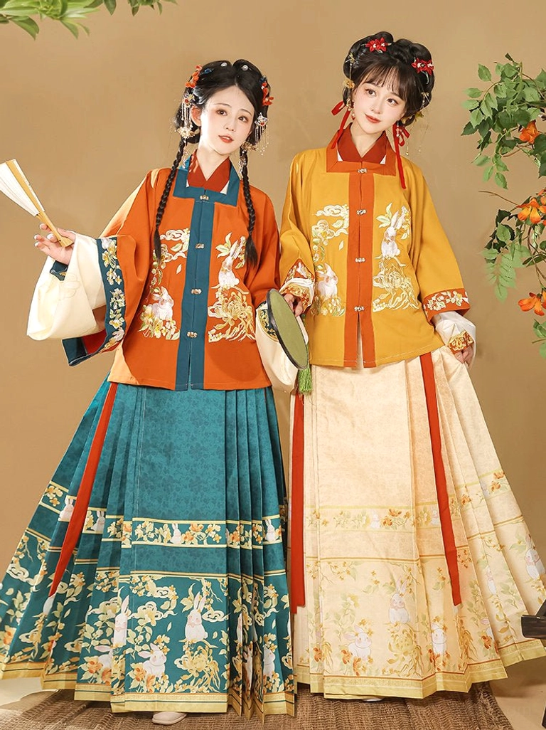 Side view of Ming Dynasty Hanfu Money Rabbit jacket and floral printed mamian skirt sets for women