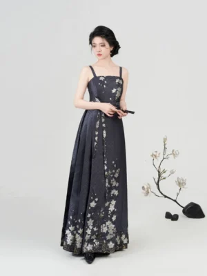 Navy floral mamian-inspired Hanfu slip dress with slender straps and long skirt front view