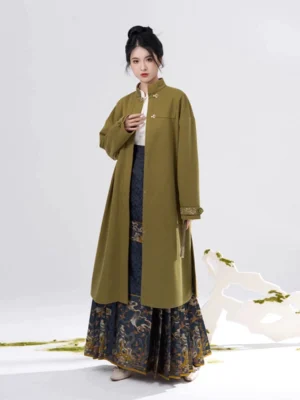 Full length Ming Dynasty Hanfu look featuring olive green long overcoat and dark navy woven gold mamian skirt front view