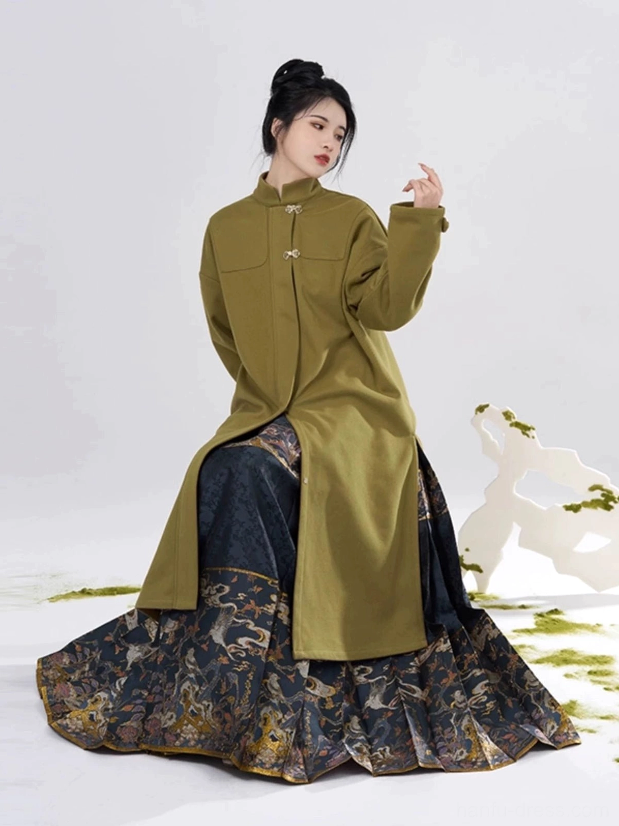 Ming Dynasty Hanfu outfit with olive green stand collar overcoat and navy gold brocade mamianqun horse-face skirt front seated view