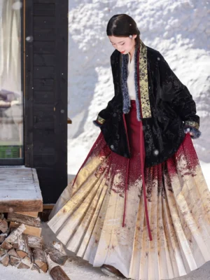 Front view of Ming Dynasty Hanfu padded jacquard jacket with fur trim styled with a gradient mamian skirt in a snowy outdoor setting