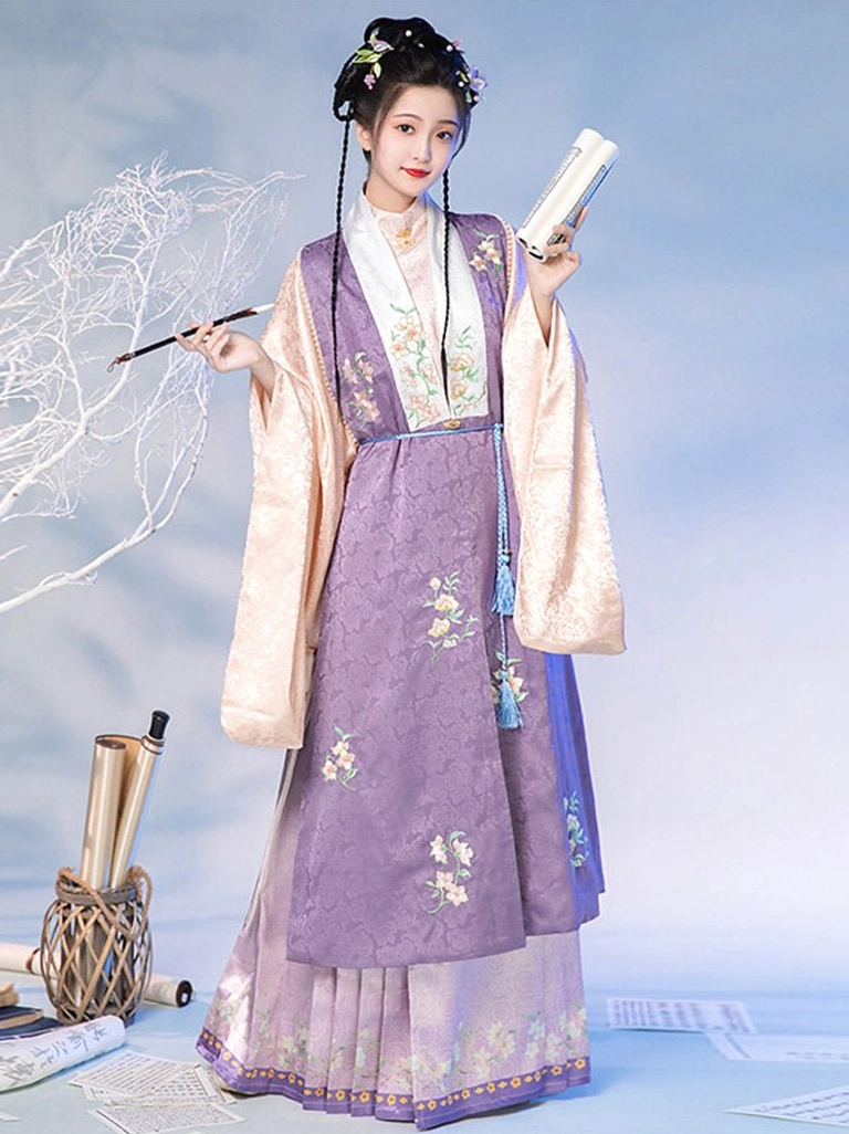 Ming Dynasty hanfu outfit with purple embroidered bijia vest gradient purple mamian skirt writing brush and traditional scroll