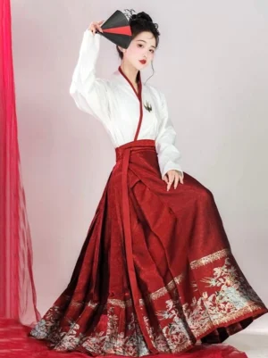 Ming Dynasty Hanfu complete set with white embroidered cross-collar top and red mamianqun horse face skirt front view