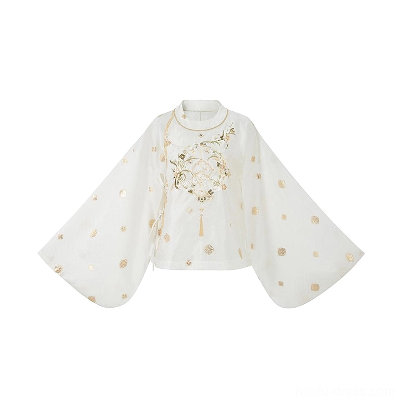 Single ivory Ming Dynasty Hanfu round collar top with wide oversized sleeves floral chest embroidery tassel and gilt dot pattern