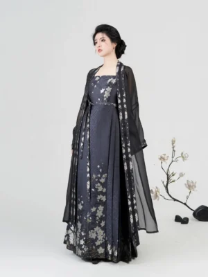 Ming Dynasty modern Hanfu full set with sheer black Beizi jacket and navy floral mamian-inspired slip dress front view