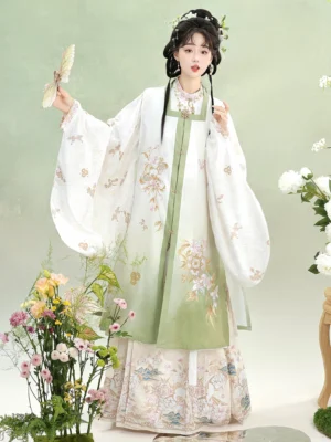 Ming Dynasty Hanfu square collar vest and printed mamian skirt set in light green with golden floral embroidery