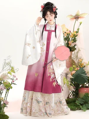 Ming Dynasty Hanfu square collar vest and printed mamian skirt set in rose red gradient with floral decoration