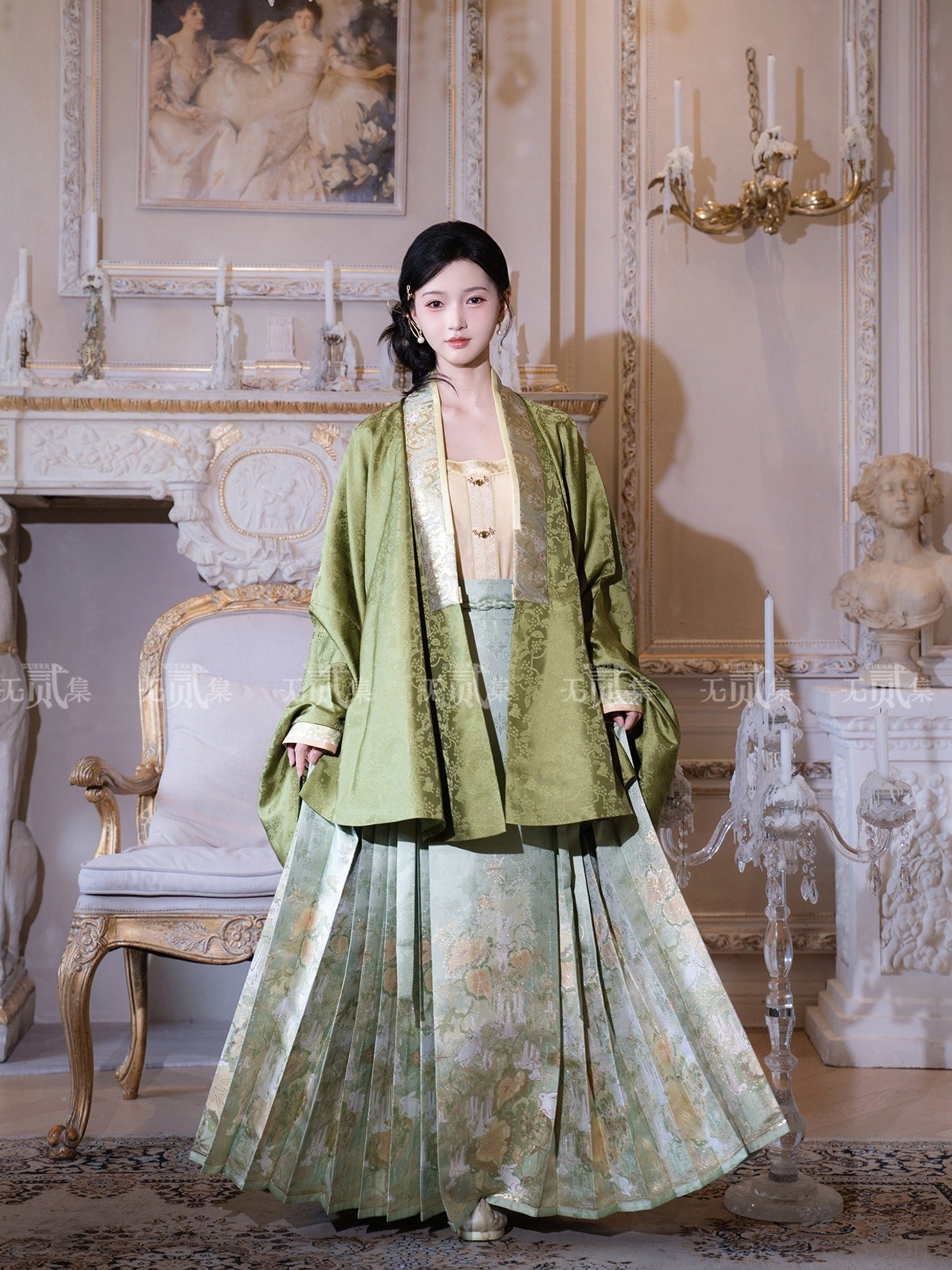 Full body front view of a traditional Ming Dynasty Hanfu three piece set with olive green jacquard cardigan light camisole and jade green floral mamianqun skirt