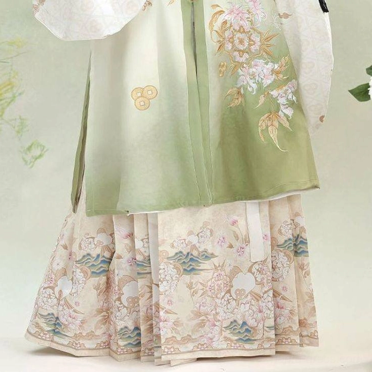 Close-up of light green Ming Dynasty Hanfu vest hem and printed mamian skirt with cloud landscape and floral motifs