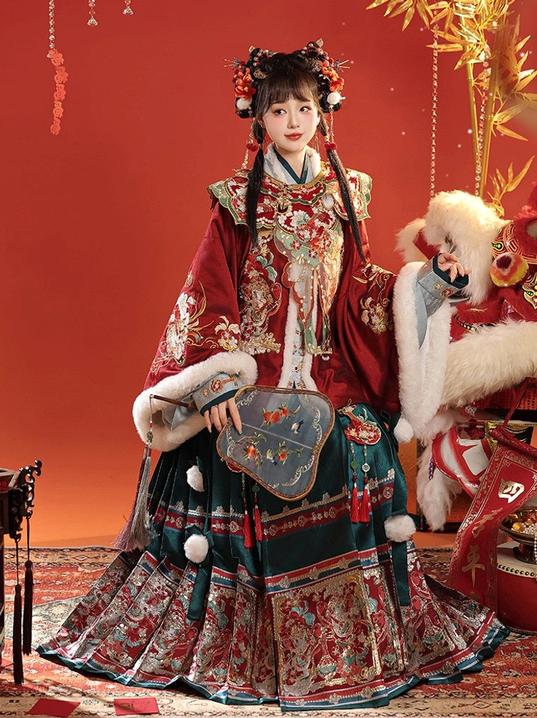 Side view of Ming Dynasty style Lunar New Year Hanfu with embroidered cloud collar, wine red top, green horse-face skirt, tassels, and round fan