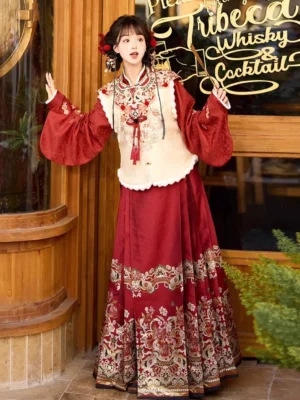 Front three-quarter view of a modern Ming Dynasty Hanfu bridal set with cream trimmed vest, wine red embroidered mamianqun horse-face skirt, cloud collar, and traditional Chinese hair ornaments
