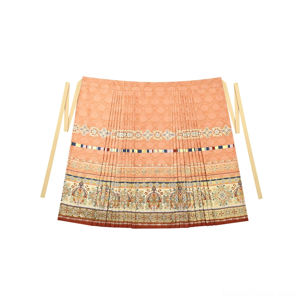 Pastel orange Ming Dynasty mamianqun skirt with pleats side hanging straps and colorful woven decorative hem stripes