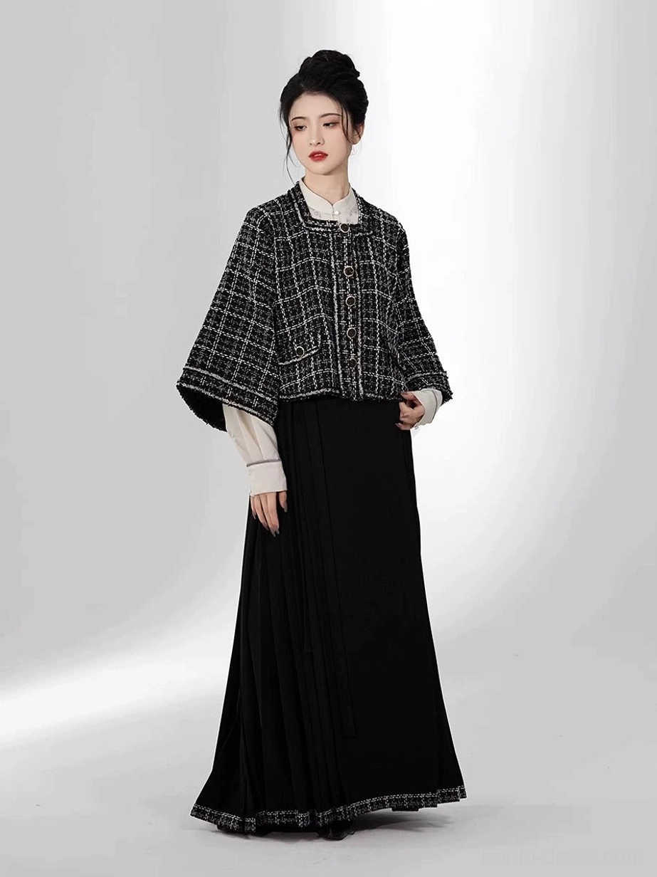 Ming Dynasty modern Hanfu mamianqun outfit with black tweed-look cropped jacket and long black pleated skirt