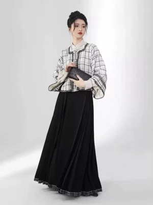 Modern Ming Dynasty Hanfu outfit featuring white plaid square-collar cropped jacket and black mamianqun skirt